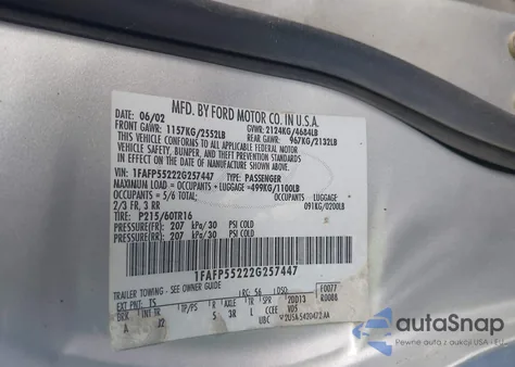 2002 Ford Taurus Ses z USA, uszkodzony, nr VIN 1FAFP55222G257447